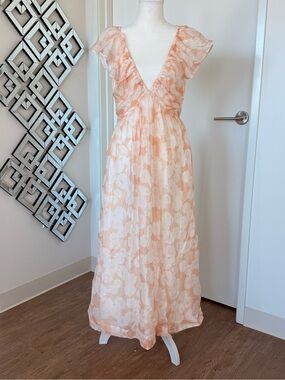 Sheer Floral Flutter-Sleeve Maxi Dress - Peach